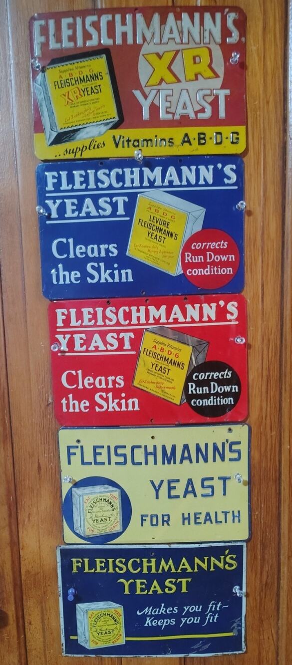 5 Original Fleischmans Yeast Embossed Tin Litho Signs